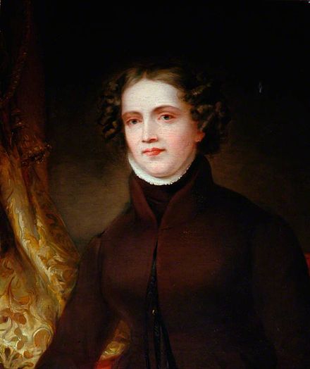 Painted portrait of a lady with a high collar and a ruff underneath and an old fashioned hairstyle 